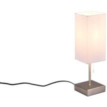 Lampe de table Ole en acier avec abat-jour blanc, interrupteur à cordon et double port USB (USB + USB-C) pour la recharge, H. 30 cm.