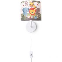 Lampe Poser Chambre Enfant Chevet Abat-Jour Tissu Applique Ronde Animaux Lampe murale - Blanc, Design 1 (Ø18 cm) - Paco Home