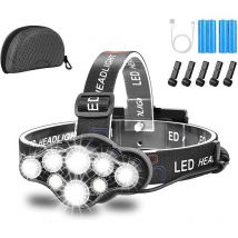 Volavo - Lampe Frontale,Super Brillante Lampe à 8 Del de 18000 Lumens,Rechargeable usb Imperméable réglable pour Le Camping, la Pêche, la Cave, Le