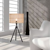 Lampe moderne Bora métal noir et rotin naturel compatible led