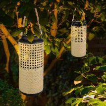 Lampe solaire de jardin en bambou lampes solaires lanterne en rotin à poser et à suspendre, 1x led blanc chaud, DxH 12 x 45 cm, lot de 2