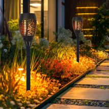 Lampe solaire effet feu torche solaire effet flamme lampe de jardin torche noire, plastique, ampoule led orange, h 50 cm, lot de 2