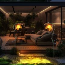 Lampe solaire en forme de fleur, piquet de jardin, fleur solaire, or, vert, fleur lumineuse enfichable, boule de verre brisée ambre, led blanc froid,