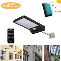 Lampe Solaire Exterieur 48 led Détecteur de Mouvement Lumière Dimmable avec Télécommande Sans Fil étanche Lampe Solaire pour Porte Couloir Patio Noir