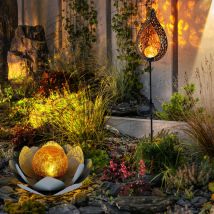 Lampe solaire fleur de lotus lampe solaire flamme orientale décoration de jardin fleur lumineuse, boule de verre craquelée, effet lumineux, led blanc