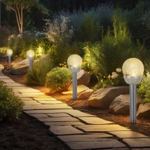 Lampe solaire sur piquet, lampe d'extérieur, boule de verre, lampe de jardin, lampe à brancher, plastique argenté, acier inoxydable, batterie, led