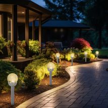 Lampe solaire sur piquet, lampe d'extérieur, boule de verre, lampe de jardin, lampe à brancher, plastique argenté, acier inoxydable, batterie, LED