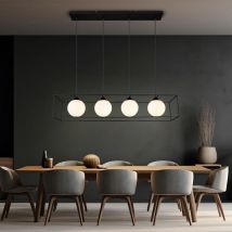 Lampe suspendue lampe de salon lampe de table à manger, métal noir verre blanc, 4 ampoules E14 réglable en hauteur, H 150 cm