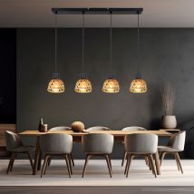 Lampe suspendue lampe suspendue salle à manger en tissage de bambou en bois, 4 flammes, métal noir, 4x douilles E27, LxlxH 72x13x120 cm