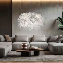 RL - Lampe suspendue suspension feuille lumière salle à manger lampe salon chambre lumière feuilles blanches, métal chromé, 4 ampoules E14, h 150 cm