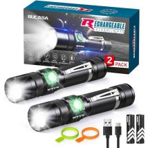 Alovez - Lampe Torche usb Rechargeable, 2 Pièces Aluminium Ultra Puissante led Lampe Torche avec Clip et Zoom, IP65 Étanche 4 Modes Torches pour