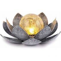 Lampes solaires de jardin extérieur, décoration de lotus en verre craquelé Globe, lumières de fleur en métal led étanches pour terrasse - Argent