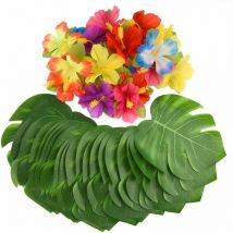 Langray - 60 pièces artificielles de Feuilles de Palmier Tropical et de Fleurs d'hibiscus Tropicales, décoration de thème hawaen pour Mariage,