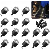 Lot de 16 spots LED encastrables au sol - Étanchéité IP67 - 0,6 W - Diamètre : 32 mm - Pour l'intérieur et l'extérieur - 4000 K - Blanc - 12 V