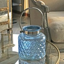Lanterne verre bleu 18x20cm