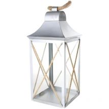 Lanterne verre en métal argenté et corde 18x18xH40cm