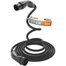 Mobility helix Type 2 Câble de Recharge, jusqu'à 11 kW, 5 m, noir - 20 a, triphasé, pour la recharge de voitures hybrides et électriques avec