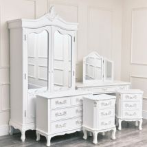 Melodymaison - Large Double Wardrobe, Dressing Table Set, Chest of Drawers & Pair of 3 Drawer Bedside Tables - Pays Blanc Range