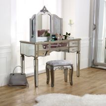 Melody Maison - Large Mirrored Dressing Table, Mirror & Stool Set - Tiffany Range - Silver