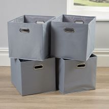 Home Source - Large Silver Foldable Storage Folding Box Fabric Cube Oval Handle 4 Piece Set - Grey