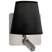 Inspired Mantra - Bahia - Wall Lamp with Large Back Plate 1 Light E27 + Reading Light 3W LED with Black Shade Satin Nickel 4000K, 200lm,