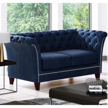 Larui - Chesterfield Sofa 2-Sitzer aus Blau Samt mit Holzfüßen