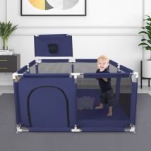 Aqrau - Laufstall mit atmungsaktivem Netz, großer Spielfläche, Mini-Basketballkorb und 50 Bällen – Blau, 126 x 126 x 66 cm