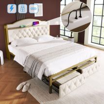 Hommoo - Lit adulte Lit double 140 x 200 cm avec fonction de chargement usb Type c et tiroirs, sommier à lattes en métal, beige clair, sans matelas