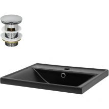 Lavabo en Céramique Noir Mat 51x41,5x15,5 cm, Rectangulaire, avec Bouchon de Vidange 1 1/4', Trop-Plein et Trou pour Robinet, Vasque à Encastrer