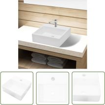 The Living Store Lavabo carré à trou pour robinet Céramique Blanc - Lavabo Céramique - Lavabo Blanc - Lavabo Salle De Bain - Meuble Salle De Bain