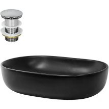 Lavabo à Poser en Céramique Noir Mat, 600 x 425 x 145 mm, Ovale, avec Bouchon de Vidange 1 1/4' Universel Push Open, Vasque Évier Lave-Mains pour