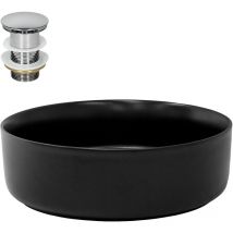 Lavabo à Poser en Céramique Noir Mat, ø 360 x 120 mm, Ronde, avec Bouchon de Vidange 1 1/4' Universel Push Open, Vasque Évier Lave-Mains pour Salle