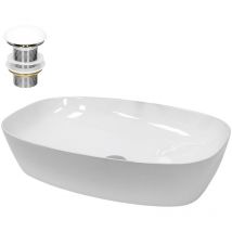 Lavabo da Appoggio con Set di Scarico 605 x 380 x 140 mm Ceramica Bianca Ovale Lavandino senza Troppopieno con Fori di Dimensioni Standard Lavamano