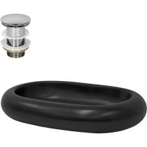 Lavabo da Appoggio in Ceramica 65x45x11 cm Nero Opaco incl. Piletta di Scarico per Lavandino senza Troppopieno Lavello per Bagno Set Drenaggio