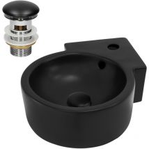 Lavabo d'angle en Céramique Noir, 45 x 36 x 13 cm, Rond, avec Bouchon de Vidage Trop-Plein et Trou pour Robinet, Montage Mural ou à Poser, Vasque
