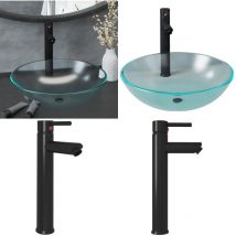 Lavabo de bain avec robinet et drain à poussoir Verre trempé - Lave-mains - Lavabo Design - Lavabo Noir - Lavabo Salle De Bain - Vasque Ronde - Home
