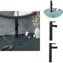 Lavabo de bain avec robinet et drain à poussoir Verre trempé - Lave-mains - Lavabo Salle De Bain - Lavabo Design - Lavabo Rond - Lavabo Verre Trempé