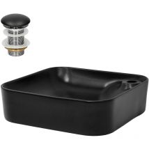 Lavabo en Céramique Noir Mat 43x43x12 cm avec Garniture de Vidage 1 1/4' Universelle, Coins Arrondis, Vasque á Poser Moderne, Évier Lave-Mains pour