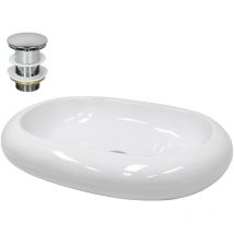 Vasque à Poser Lavabo Salle de Bain - Ovale - 630 x 420 x 120 mm - en Céramique - Blanc - avec Kit de Vidange sans Trop-plein - Lave-Mains Évier