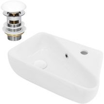 Lavabo en Céramique Blanc, 45x27x13 cm, Anguleux, avec Bouchon de Vidage Blanc, Trop-Plein et Trou pour Robinet à Droite, Montage Mural ou à Poser,