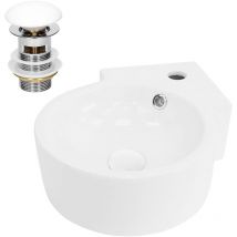 ML-Design Lavabo d'Angle en Céramique Blanc, 45x36x13 cm, Rond, avec Bouchon de Vidage Blanc, Trop-Plein et Trou pour Robinet Inclus, Montage Mural