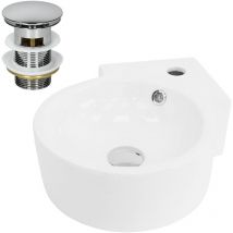 Luxebath - ML-Design Lavabo Esquinero de Cerámica 45x36x13cm Blanco con Desagüe Cromado Fregadero Redondo de Pared o Sobre Encimera Pila Moderna