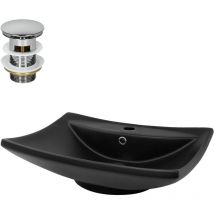 Lavabo in Ceramica Nero 61 x 45,5 x 18,5 cm Rettangolare con Piletta di Scarico in Ottone Cromato Foro per Rubinetto e Troppopieno Lavandino da