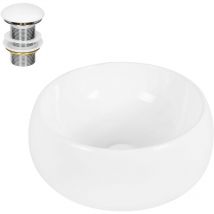 Lavabo per Bagno d' Appoggio ø 400 x 350 mm in Ceramica Bianca incl. Piletta Set di Scarico 1 1/4'' per Lavandini senza Troppopieno Lavello Rotondo
