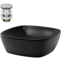 Lavabo en Céramique Noir Mat, 405 x 405 x 150 mm, Carré, avec Bouchon de Vidange 1 1/4' Universel Push Open, Vasque à Poser Évier Lave-Mains pour
