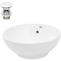Lavabo Ronde en Céramique, 455x455x185 mm, Blanc, avec Garniture de Vidage 1 1/4, pour Lavabo sans Trop-Plein, Vasque à Poser, Évier Moderne,