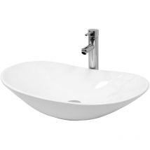 ECD Germany Lavabo Ovale en Céramique, 640x365x130 mm, Blanc, avec Garniture de Vidage 1 1/4, pour Lavabo sans Trop-Plein, Vasque à Poser, Évier