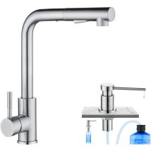 Cecipa Max - Cecipa Grifos de Cocina Extraíble Acero cepillado sin manchas + Dispensador de Jabón de Cocina con Contenedor de 300 ml Cepillado