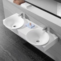 Lavabo Suspendu Double Vasque Solid surface Blanc Mat 140x45cm -Effect