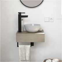 Mob-in - Meuble lave-mains plan fin porte-serviettes dessous + vasque blanche + robinet